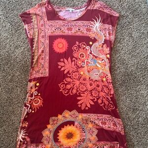 Johnny Was Dragon Print Shift Dress 1X Boho Mandala Short Sleeve